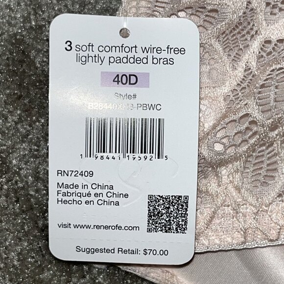3- Renerofe Soft Comfort Wire-Free Lightly Padded Bras 40D NEW‎ Pink White Rose - Picture 3 of 6